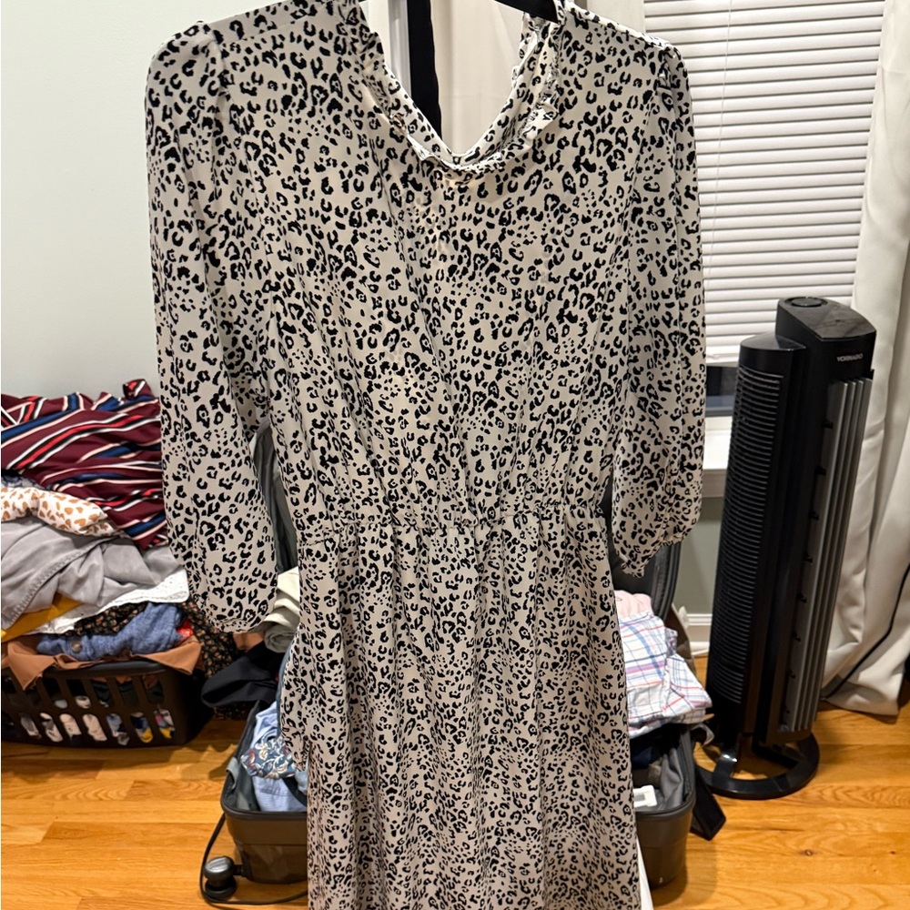 Orange Creek Black and White Leopard Print Long Sleeve Dress